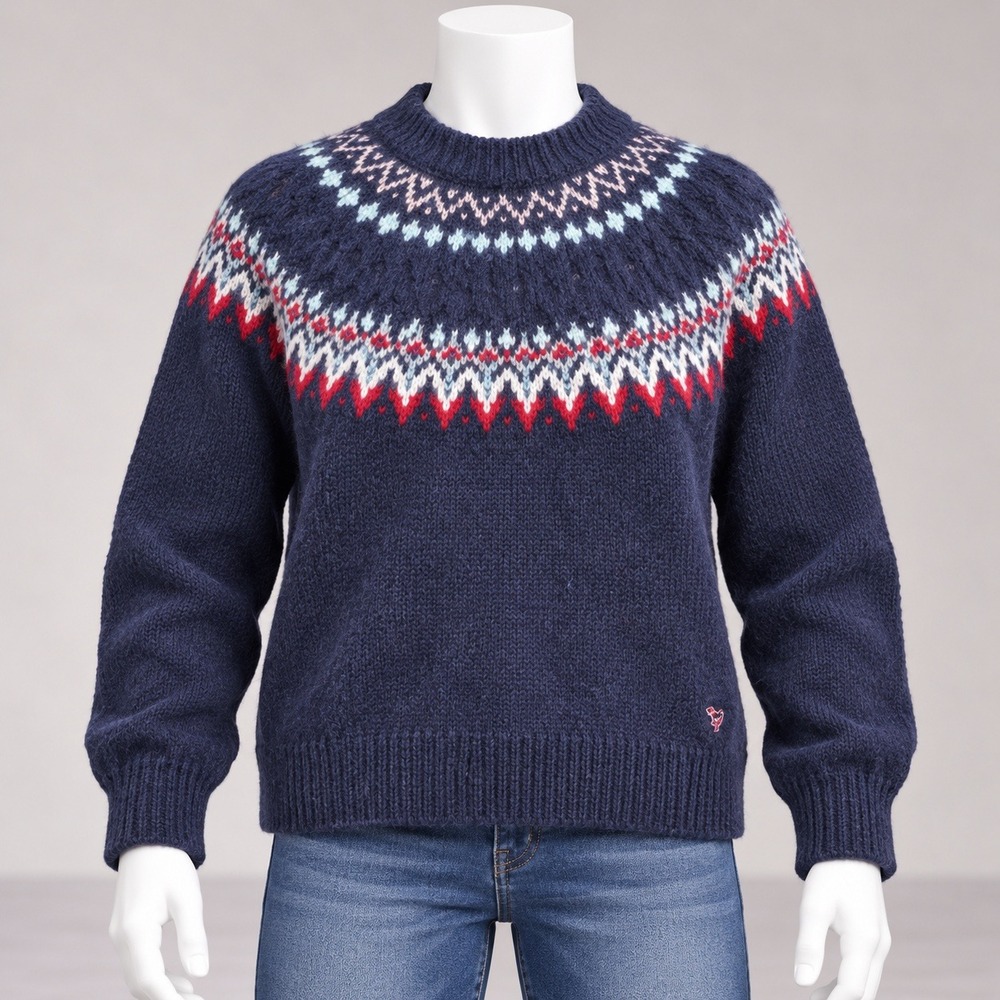 US Polo Assn Fair Isle Sweater Womens Large Navy Blue Knit Mock Neck Pullover